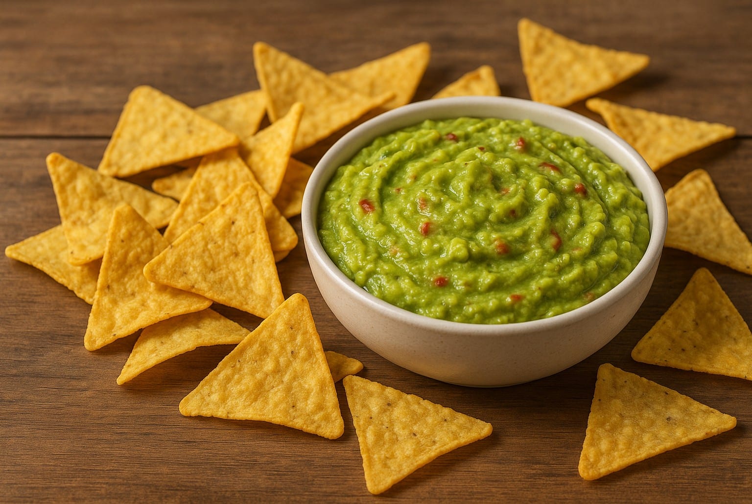 Bol de guacamole épicé entouré de nachos triangulaires sur une table en bois, prêt à être dégusté lors d’un apéritif convivial.