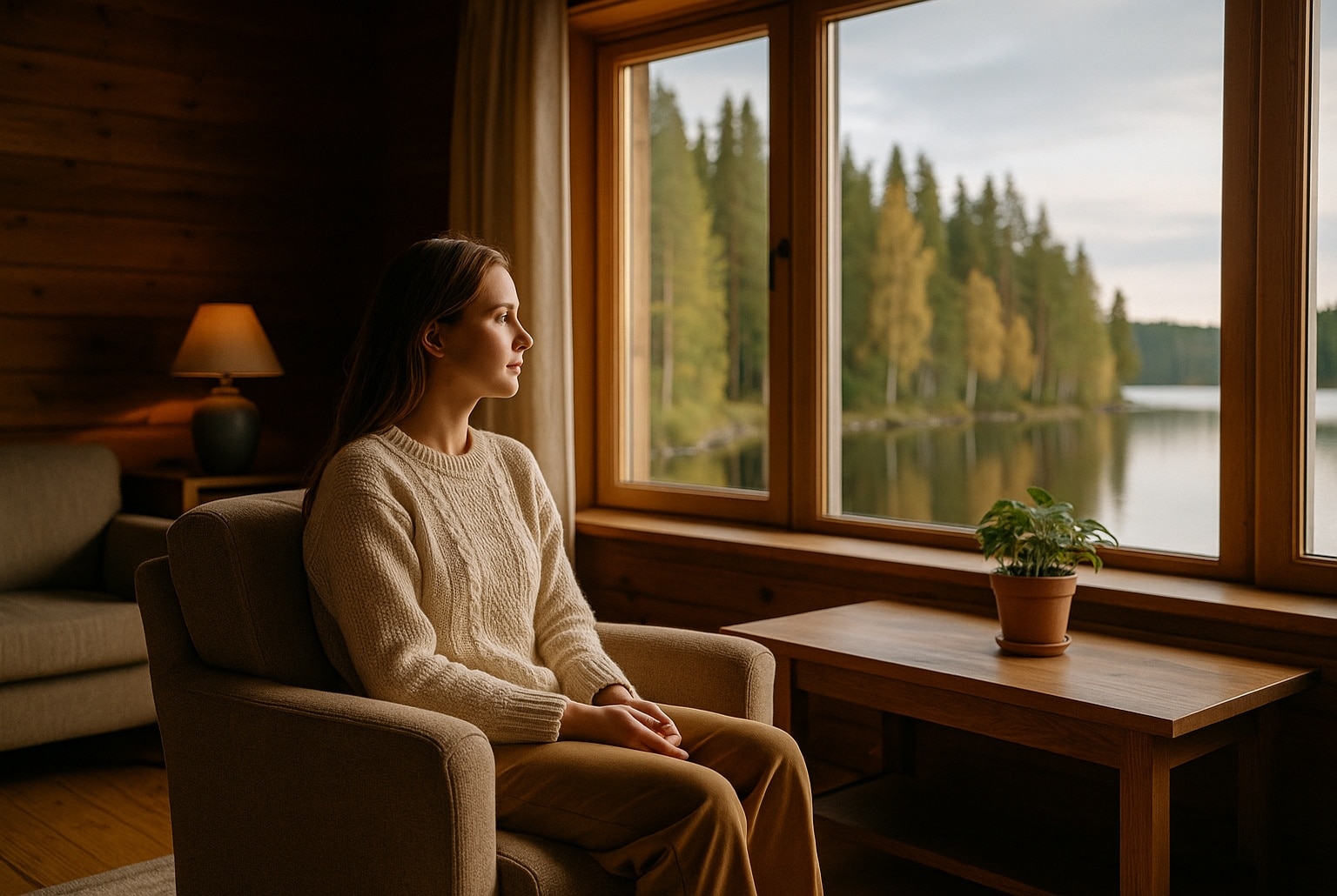 Jeune femme assise dans un fauteuil en bois clair, regardant un lac finlandais par une grande fenêtre, atmosphère calme.