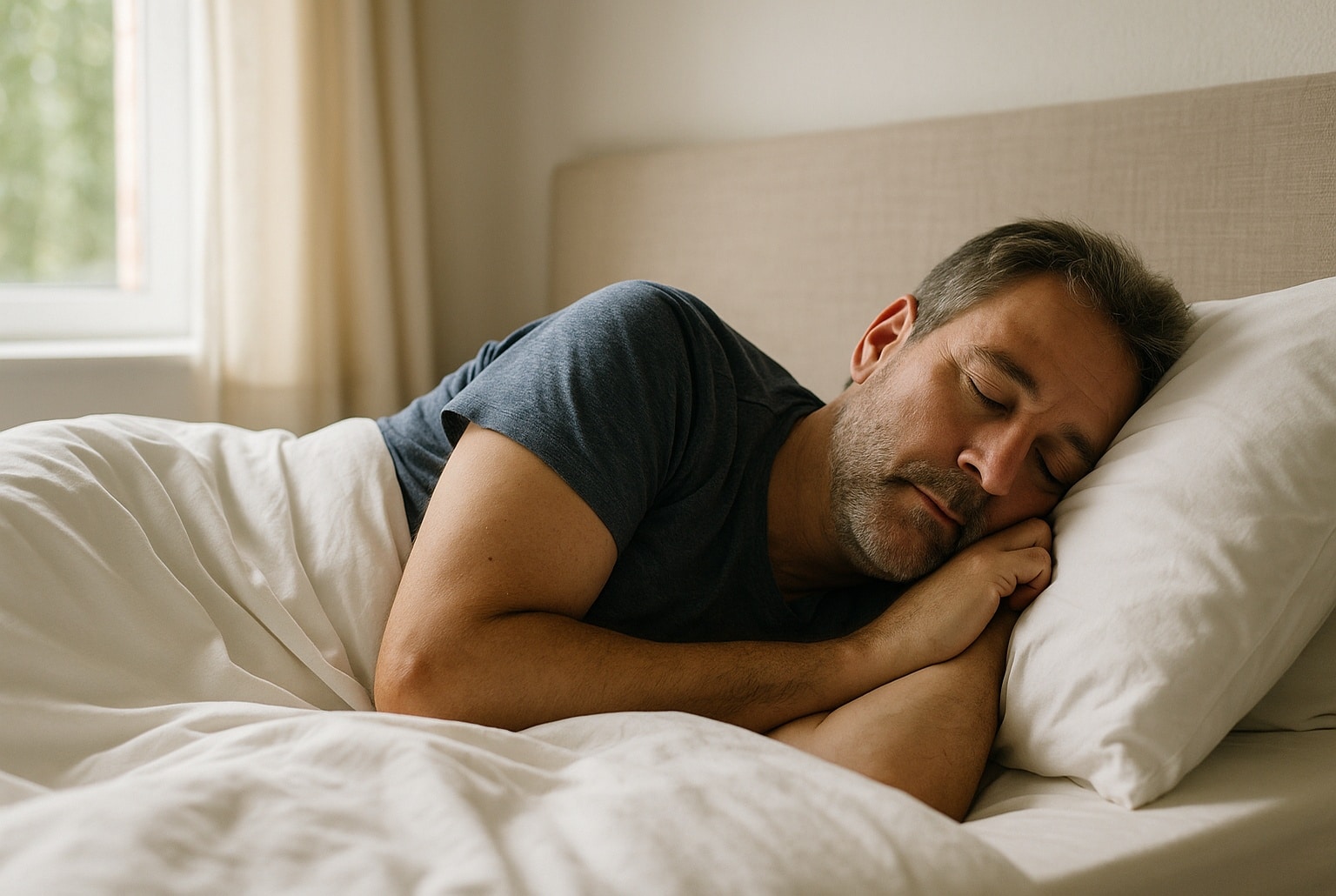 Homme d’âge mûr dormant paisiblement sur le côté dans un lit clair, baigné par une lumière naturelle douce venant d’une fenêtre de chambre.