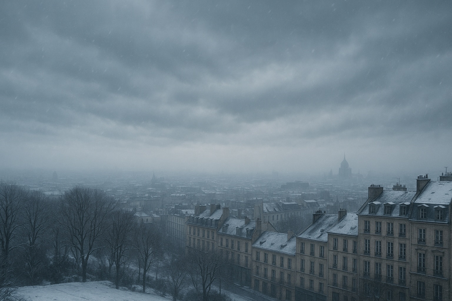 Vue panoramique d’une grande ville française en hiver, toits enneigés et ciel gris chargé illustrant une ambiance froide et instable