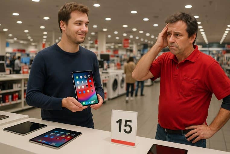 Client souriant tenant une tablette affichée à 15 € face à un vendeur dépité, dans un grand magasin d’électronique lumineux.