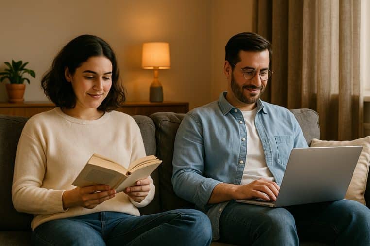 Un couple assis côte à côte sur un canapé, elle lit un livre, lui utilise un ordinateur portable dans un salon calme.