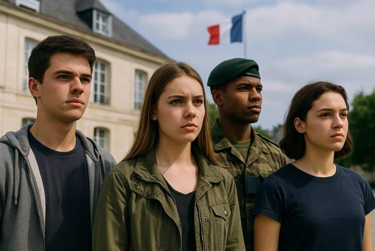 Quatre jeunes Français, en tenues civiles et militaires, fixent l’horizon devant un bâtiment et un drapeau tricolore.