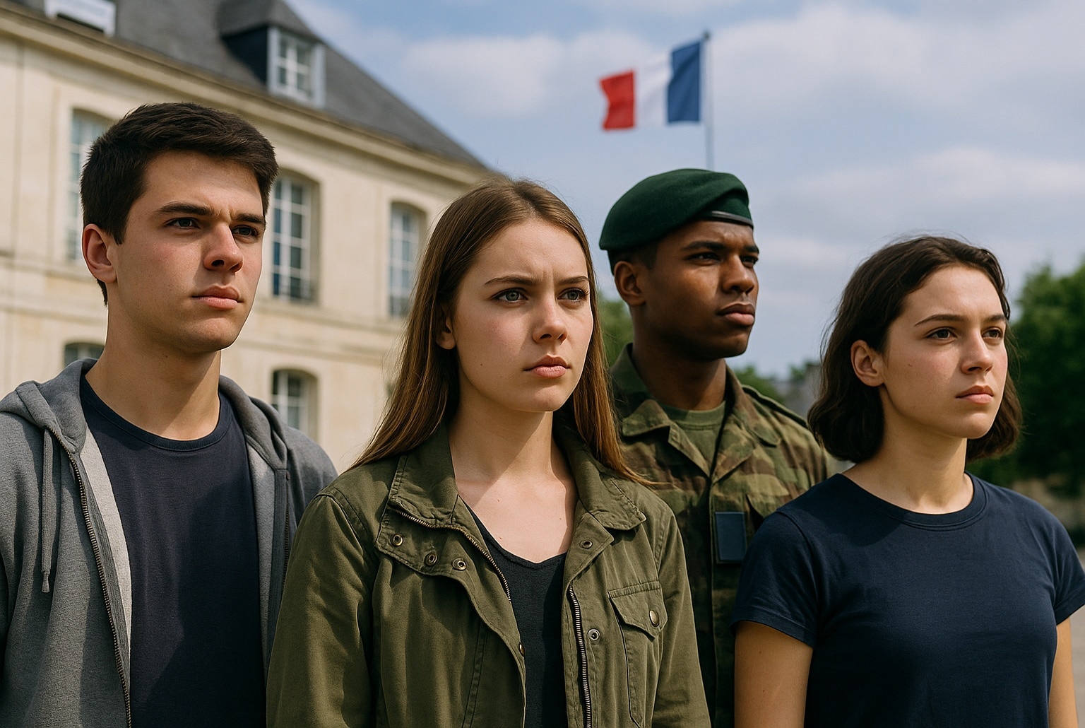 Quatre jeunes Français, en tenues civiles et militaires, fixent l’horizon devant un bâtiment et un drapeau tricolore.