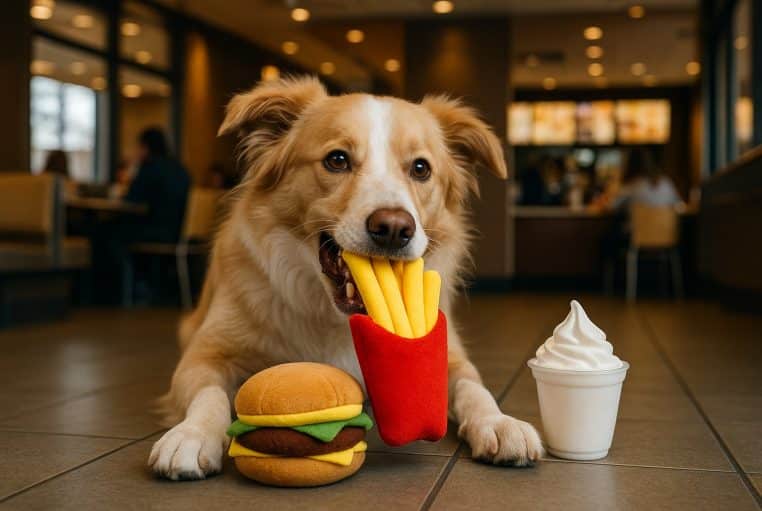 Chien allongé dans un fast-food, tenant un jouet frites en peluche entre les dents, à côté d’un burger et d’un sundae.