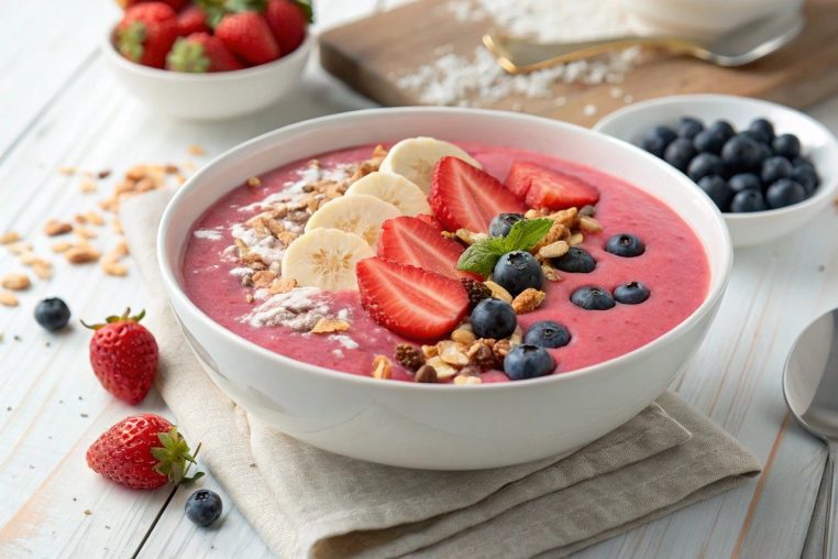 Illustration d’un bol de smoothie au kéfir vu de dessus, avec fruits et céréales, dans un style réaliste généré par IA.