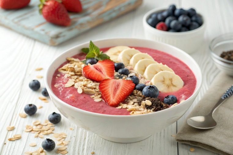 Bol de smoothie au kéfir recouvert de fraises, banane, myrtilles et flocons d’avoine, posé sur une table en bois claire.