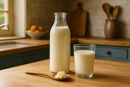 Verre et bouteille de kéfir sur un plan de travail en bois dans une cuisine lumineuse, avec une cuillère de grains de kéfir au premier plan.