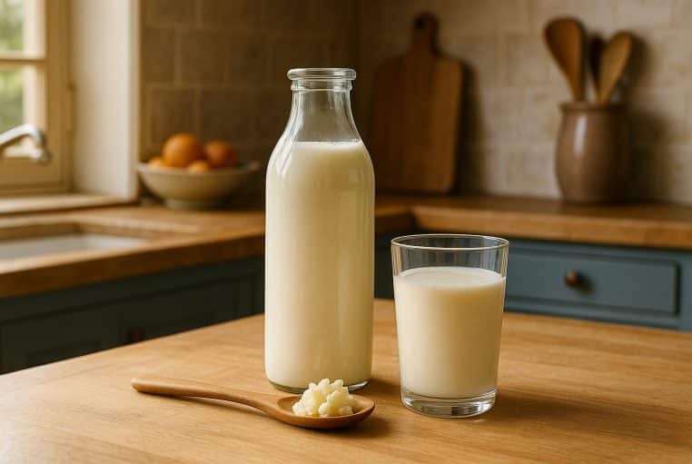 Verre et bouteille de kéfir sur un plan de travail en bois dans une cuisine lumineuse, avec une cuillère de grains de kéfir au premier plan.