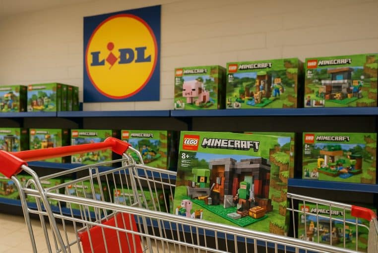 Rayon Lidl avec des sets LEGO Minecraft, logo Lidl visible au mur, chariot au premier plan avec boîte en gros plan.