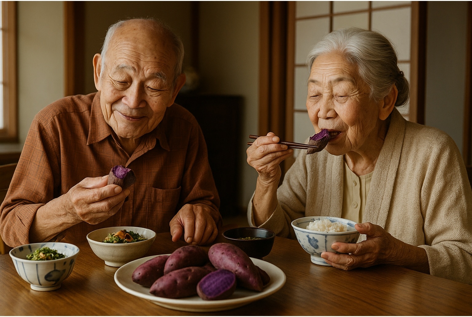 Couple âgé japonais assis à table dans une maison traditionnelle, dégustant un repas à base de patates douces violettes.