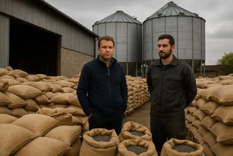 Scène dans un entrepôt agricole où deux personnes se tiennent devant de nombreux sacs empilés, suggérant une production qui peine à s’écouler.