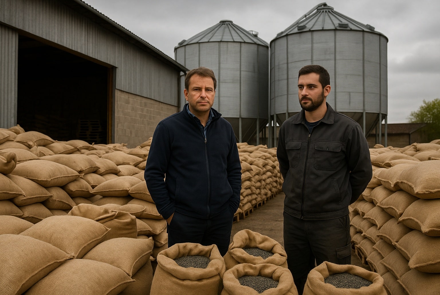 Scène dans un entrepôt agricole où deux personnes se tiennent devant de nombreux sacs empilés, suggérant une production qui peine à s’écouler.