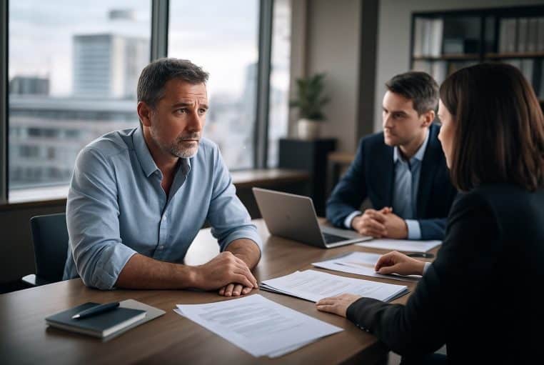 Homme d’une cinquantaine d’années en chemise claire, assis face à deux responsables RH lors d’un entretien de licenciement dans un bureau vitré moderne.