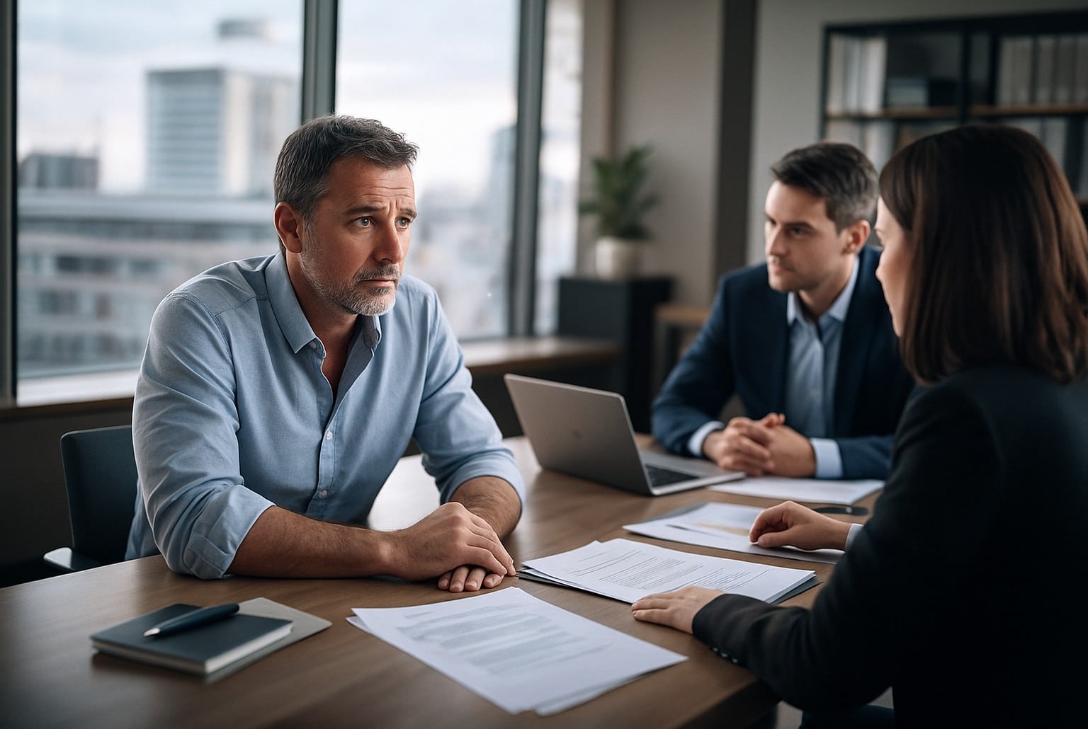 Homme d’une cinquantaine d’années en chemise claire, assis face à deux responsables RH lors d’un entretien de licenciement dans un bureau vitré moderne.