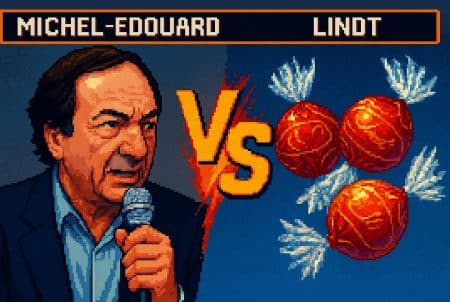 Illustration pixel art façon jeu de combat montrant Michel-Édouard face à des chocolats Lindt, séparés par un grand VS flamboyant.