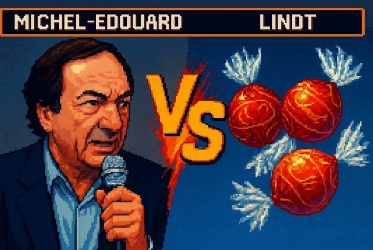 Illustration pixel art façon jeu de combat montrant Michel-Édouard face à des chocolats Lindt, séparés par un grand VS flamboyant.