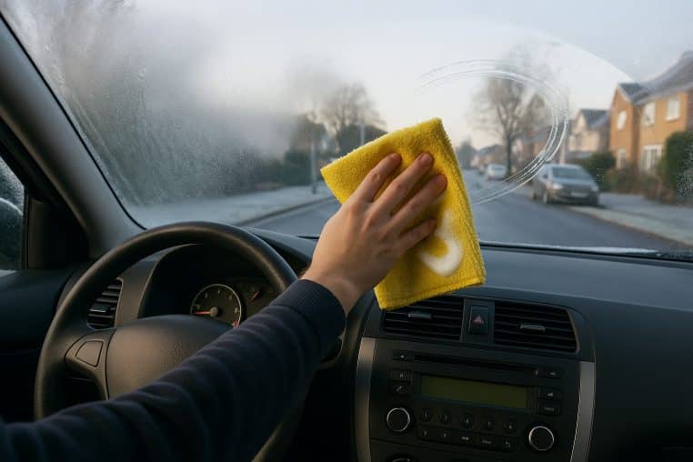 Intérieur de voiture en hiver, un conducteur enlève la buée du pare-brise avec un chiffon jaune imbibé de liquide vaisselle.