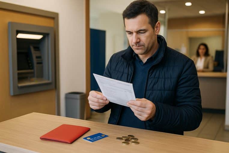 Homme d’âge moyen au guichet d’un bureau de poste, lisant un relevé ; carnet rouge, carte bleue et pièces de monnaie sur le comptoir.