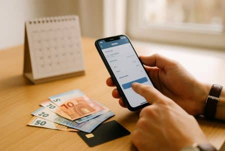 Main tenant un smartphone affichant un virement, billets d’euros et carte bancaire sur bureau, calendrier flou en arrière-plan.