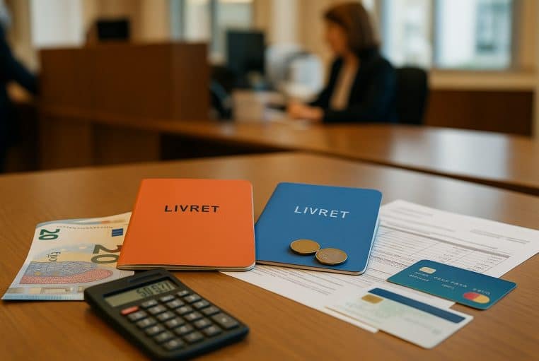 Deux livrets d’épargne rouge et bleu marqués « LIVRET » posés sur un bureau d’agence, entourés d’euros, d’une carte bancaire et d’un relevé imprimé.