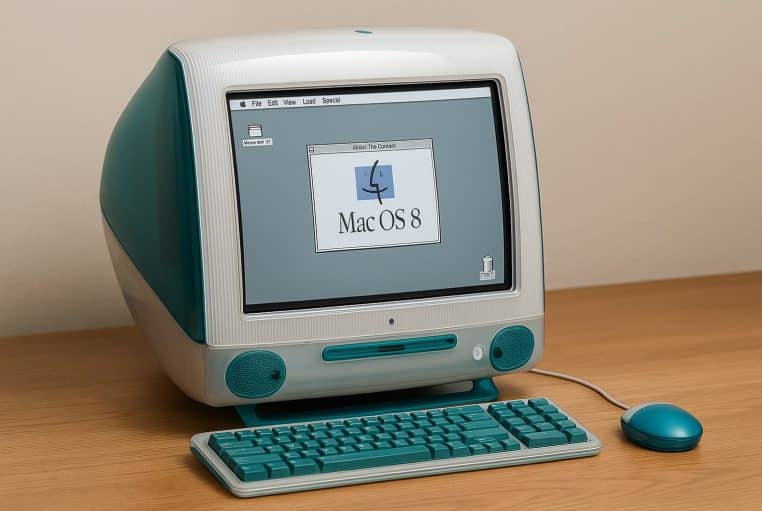 iMac G3 Bondi Blue posé sur un bureau en bois, écran allumé sous Mac OS 8.5 avec Finder, clavier assorti et souris ronde visibles en premier plan.