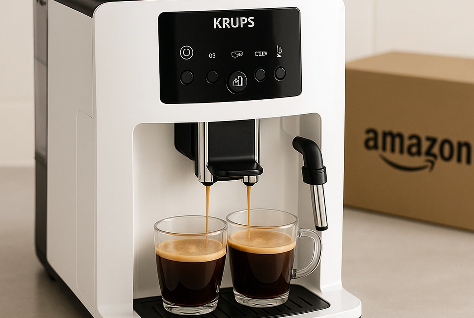 Machine à café Krups blanche avec broyeur, deux expressos en cours d’écoulement, carton Amazon discret en arrière-plan.