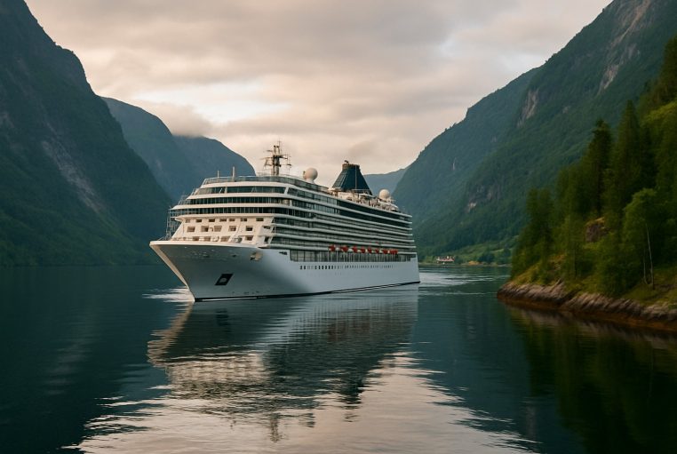 Paquebot blanc avançant dans un fjord norvégien au lever du jour, montagnes abruptes et eau calme reflétant la coque.