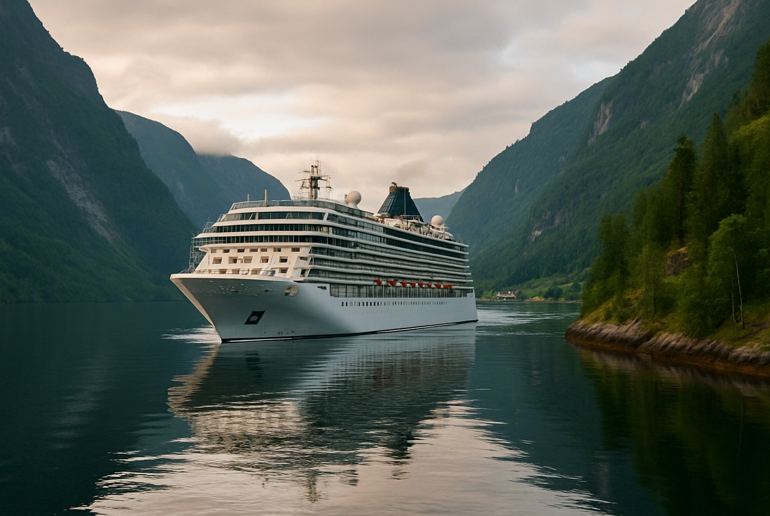 Paquebot blanc avançant dans un fjord norvégien au lever du jour, montagnes abruptes et eau calme reflétant la coque.