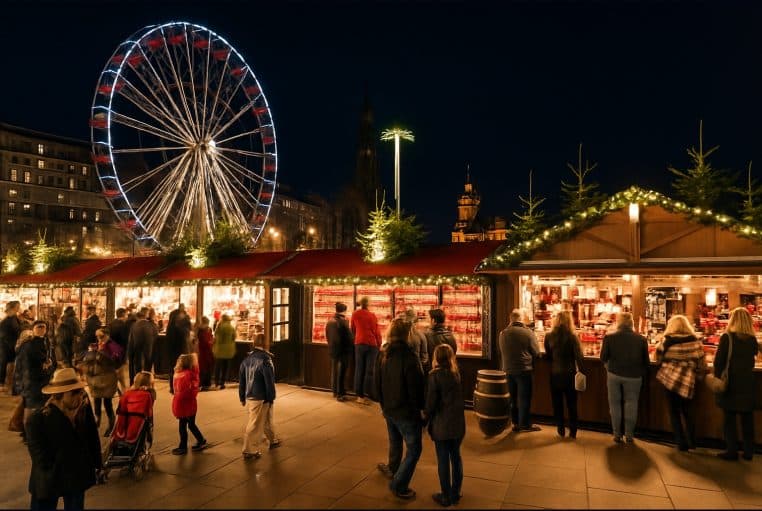 Marché de Noël animé à Édimbourg, grande roue illuminée et chalets décorés, avec des visiteurs flânant sous le ciel nocturne d’hiver.
