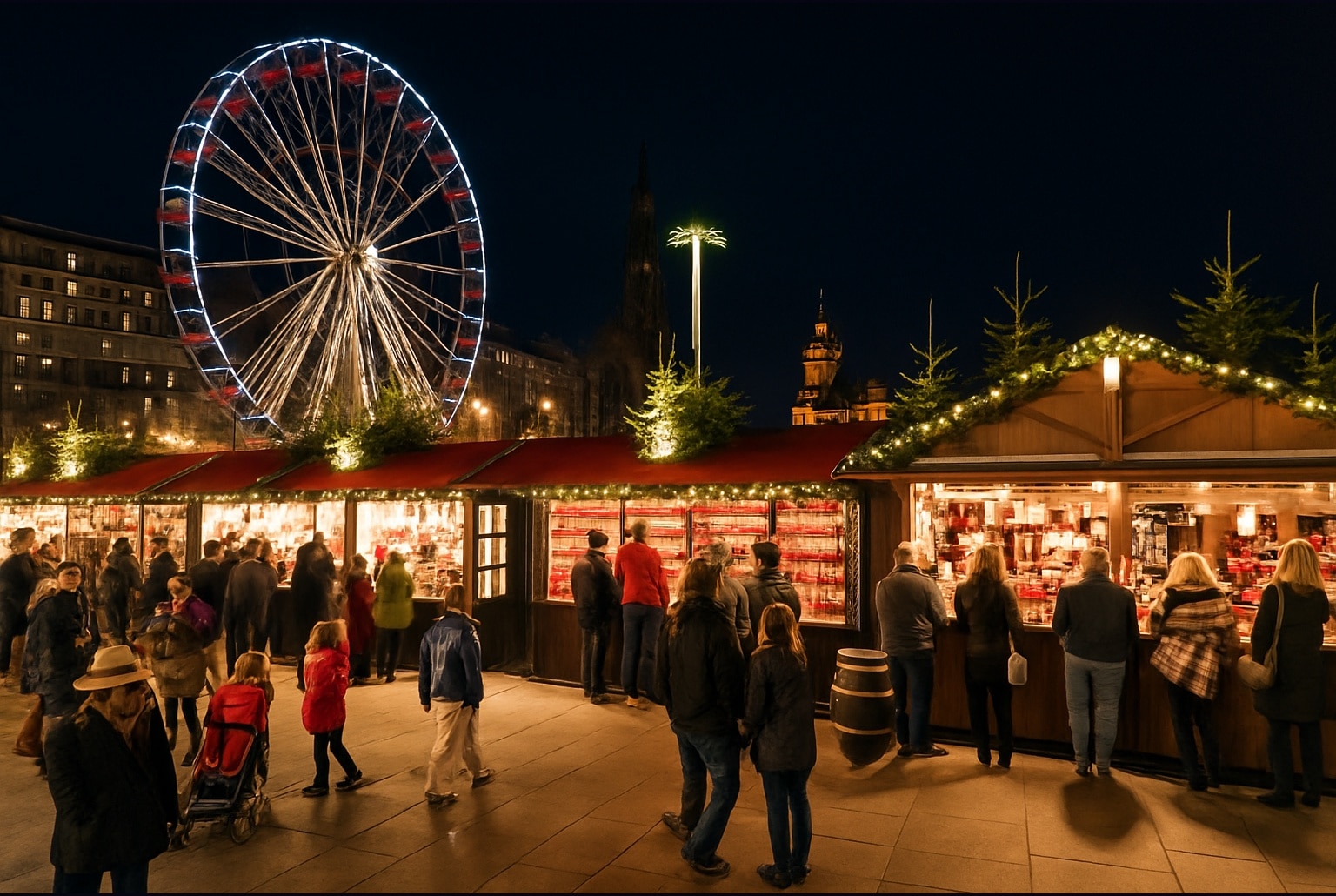 Marché de Noël animé à Édimbourg, grande roue illuminée et chalets décorés, avec des visiteurs flânant sous le ciel nocturne d’hiver.
