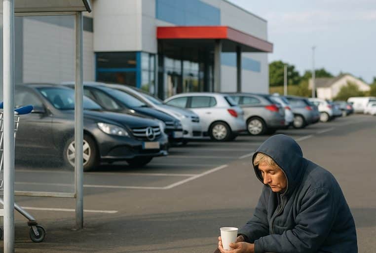 Femme assise sur le bitume du parking d’un supermarché, capuche relevée, tenant un gobelet pour demander de l’argent.