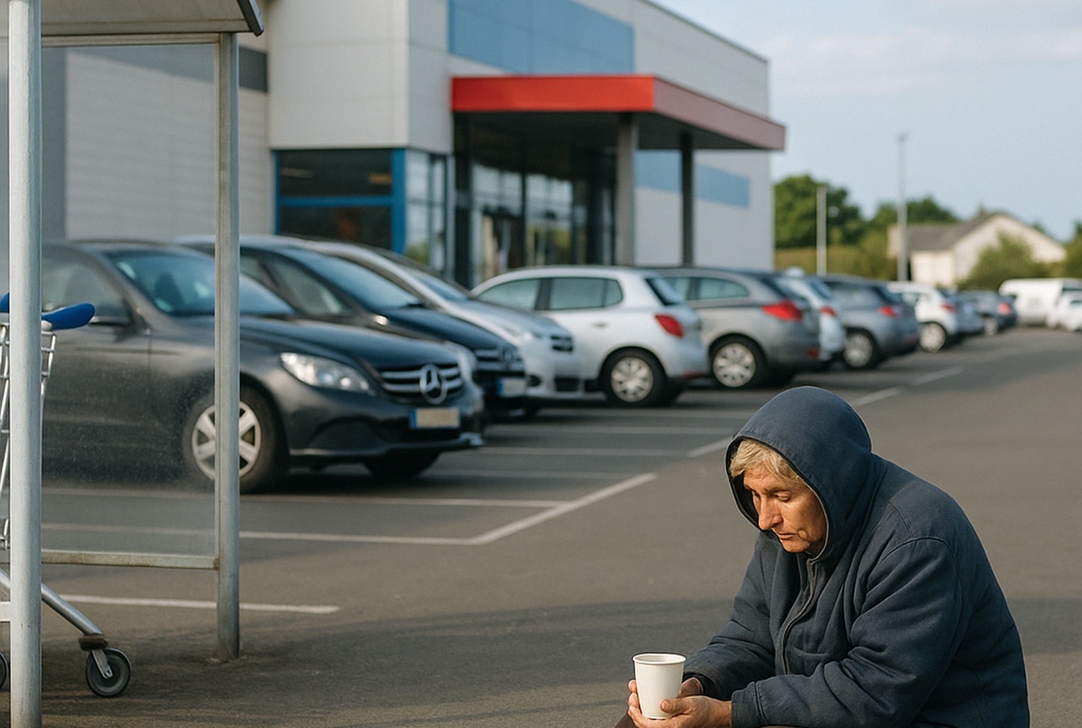 Femme assise sur le bitume du parking d’un supermarché, capuche relevée, tenant un gobelet pour demander de l’argent.
