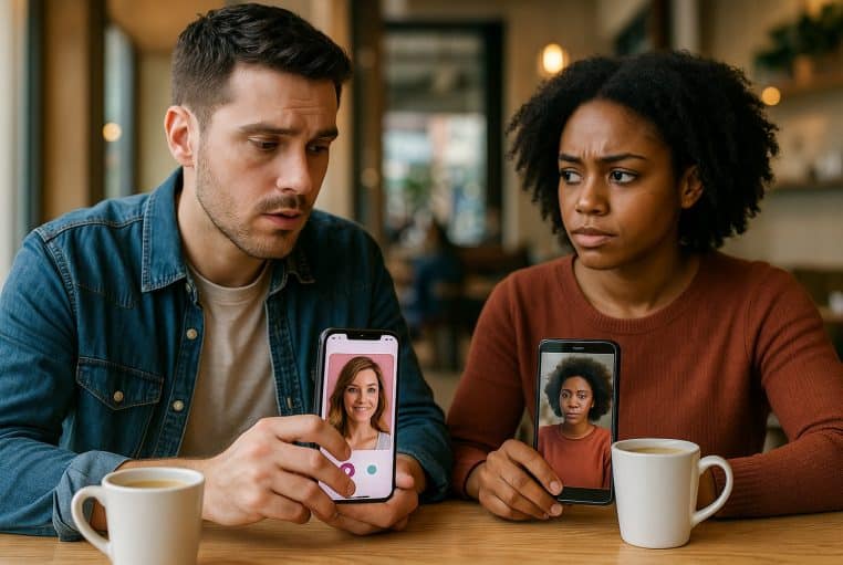 Deux jeunes adultes dans un café regardent leurs applis de rencontre sur smartphone, lui surpris, elle sceptique, signe d’un décalage entre profil et réalité.