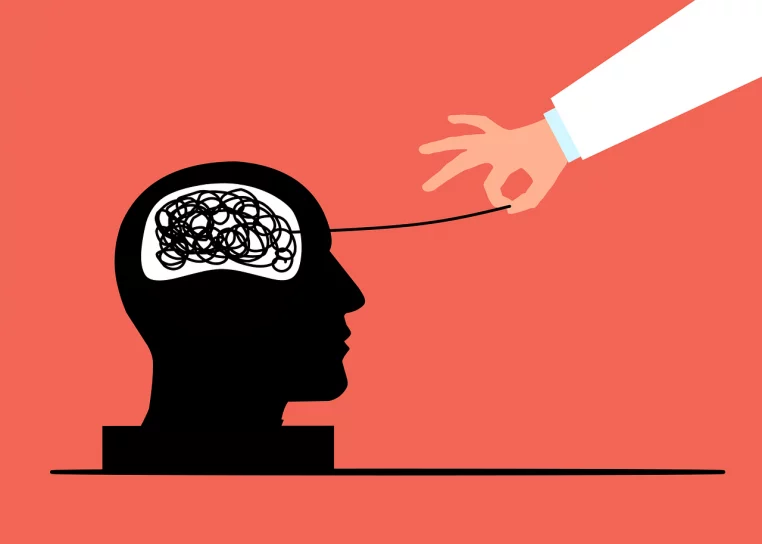 Illustration vectorielle montrant un patient assis face à un thérapeute, bulles de dialogue au-dessus d’eux, symbolisant la thérapie de santé mentale.