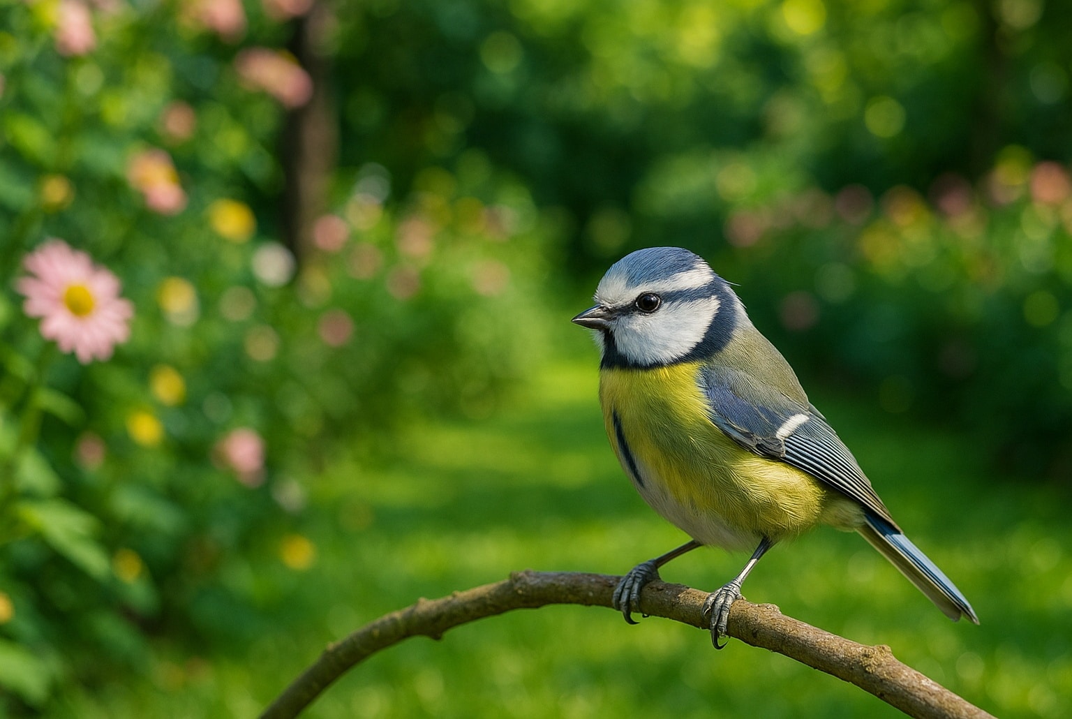 Mésange bleue perchée sur une fine branche dans un jardin verdoyant, entourée d’un arrière-plan fleuri et lumineux légèrement flouté.