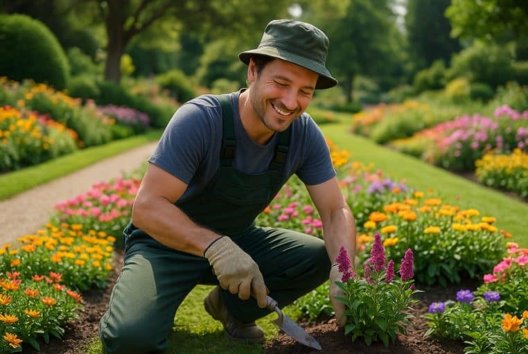 Jardinier souriant accroupi dans un massif de fleurs colorées, travaillant la terre avec une petite pelle dans un parc