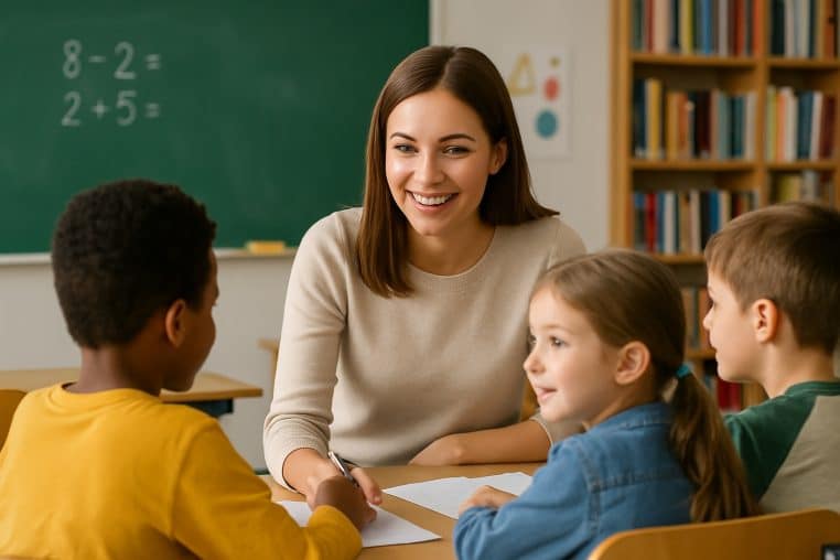 Jeune professeure des écoles souriante entourée de trois élèves en classe, travaillant ensemble autour d’une table.