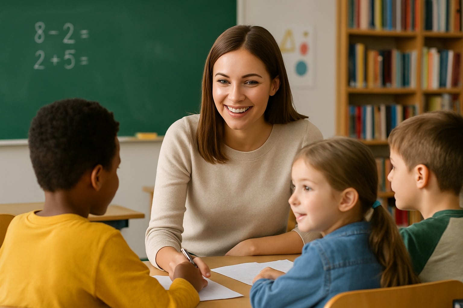 Jeune professeure des écoles souriante entourée de trois élèves en classe, travaillant ensemble autour d’une table.