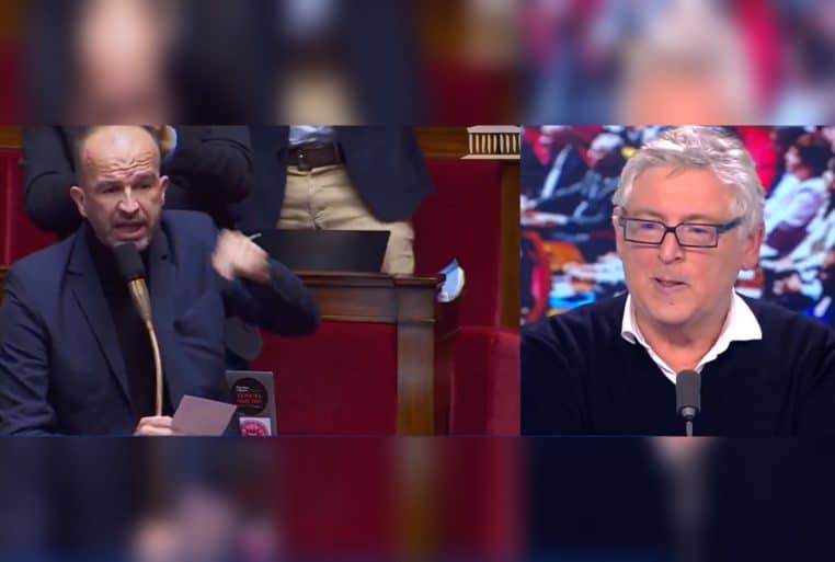Député à l’Assemblée nationale en plein discours véhément à gauche et Michel Onfray en plateau télé à droite, sur fond réutilisé et flouté de la même scène pour remplir l’image.