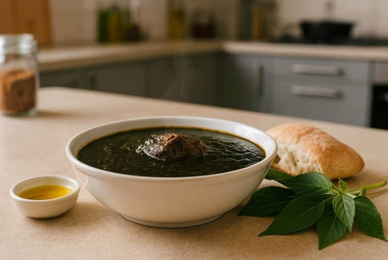 Bol fumant de mloukhya tunisienne sur plan de cuisine, sauce sombre onctueuse, morceau de bœuf, pain et feuilles de corète.