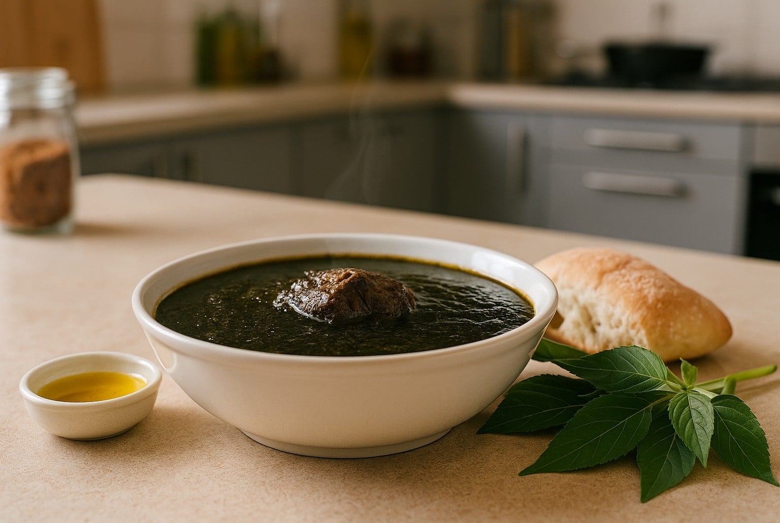Bol fumant de mloukhya tunisienne sur plan de cuisine, sauce sombre onctueuse, morceau de bœuf, pain et feuilles de corète.