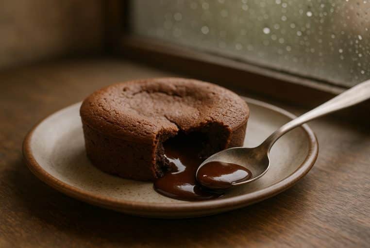 Moelleux au chocolat individuel, croûte fine fissurée, cœur coulant sur la cuillère, lumière douce, vitre mouillée en arrière-plan.