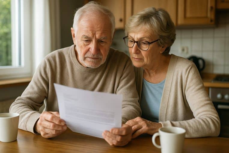 Couple de retraités assis à une table, lisant attentivement un document officiel, inquiets du montant futur de leur pension de retraite.