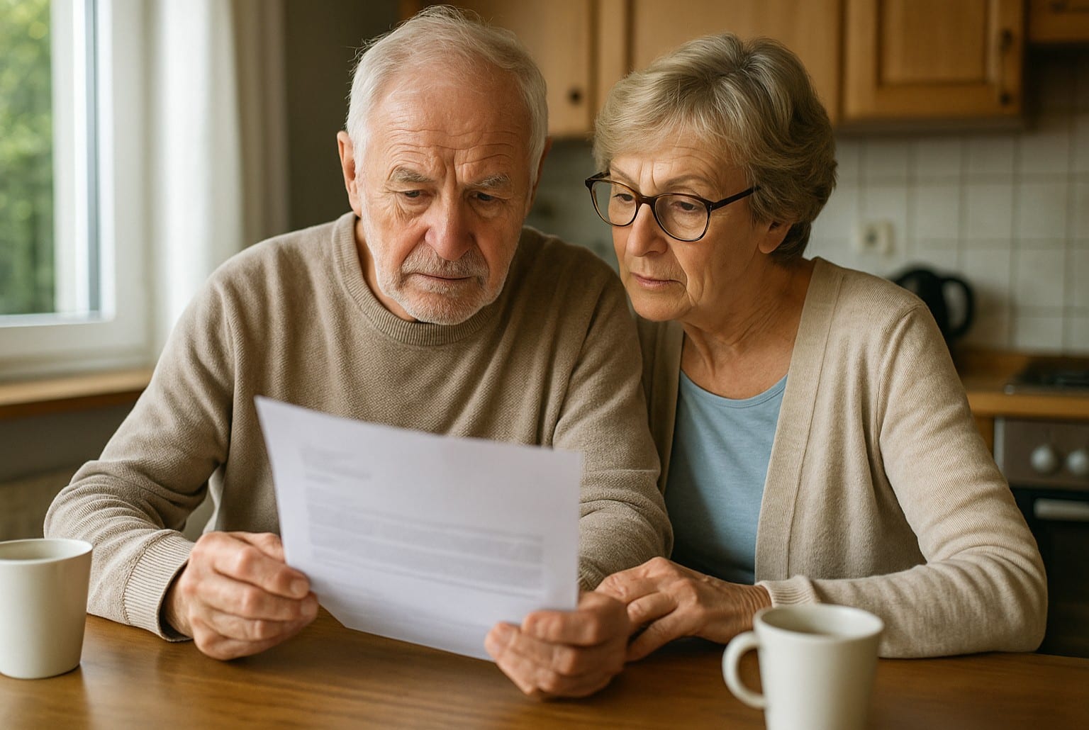Couple de retraités assis à une table, lisant attentivement un document officiel, inquiets du montant futur de leur pension de retraite.