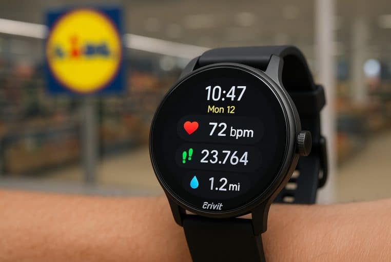Montre connectée Crivit noire affichant les données de santé au poignet, avec un logo Lidl flou en arrière-plan dans un magasin bien éclairé