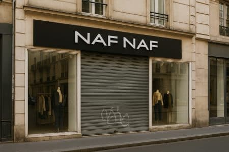 Devanture d’une boutique Naf Naf fermée, rideau métallique baissé et mannequins en vitrine dans une rue commerçante calme.