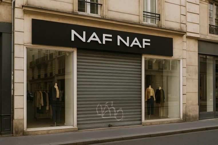 Devanture d’une boutique Naf Naf fermée, rideau métallique baissé et mannequins en vitrine dans une rue commerçante calme.