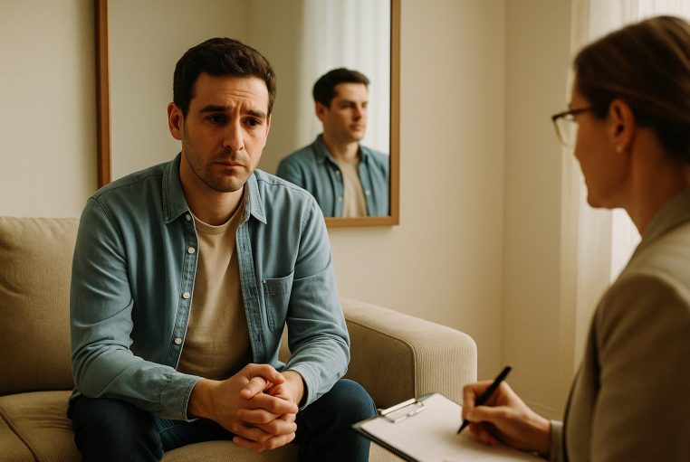 Jeune homme anxieux en séance de thérapie, son reflet plus assuré dans un miroir derrière lui, symbole d’ego et de fragilité intérieure.