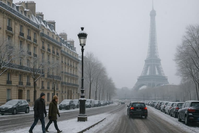Rue parisienne enneigée avec un couple marchant au premier plan et la tour Eiffel voilée par les chutes de neige au fond.